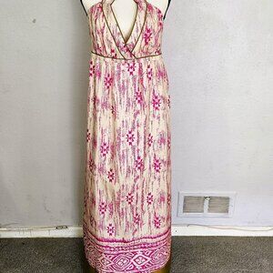 Ann Taylor Loft 100% Silk Pink and Cream Print Cross Back Maxi Dress Size 10